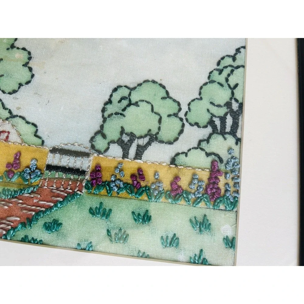 Vintage needle‎ point picture floral wood antique Framed 11x14 tapestry Farm